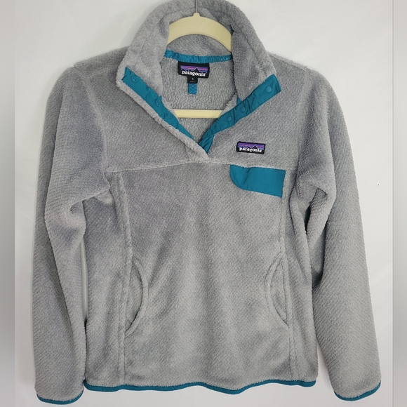 Patagonia Women's Small Fleece Gray Turquoise Snap 1/4 Zip, not a Boxy Fit - Picture 1 of 9